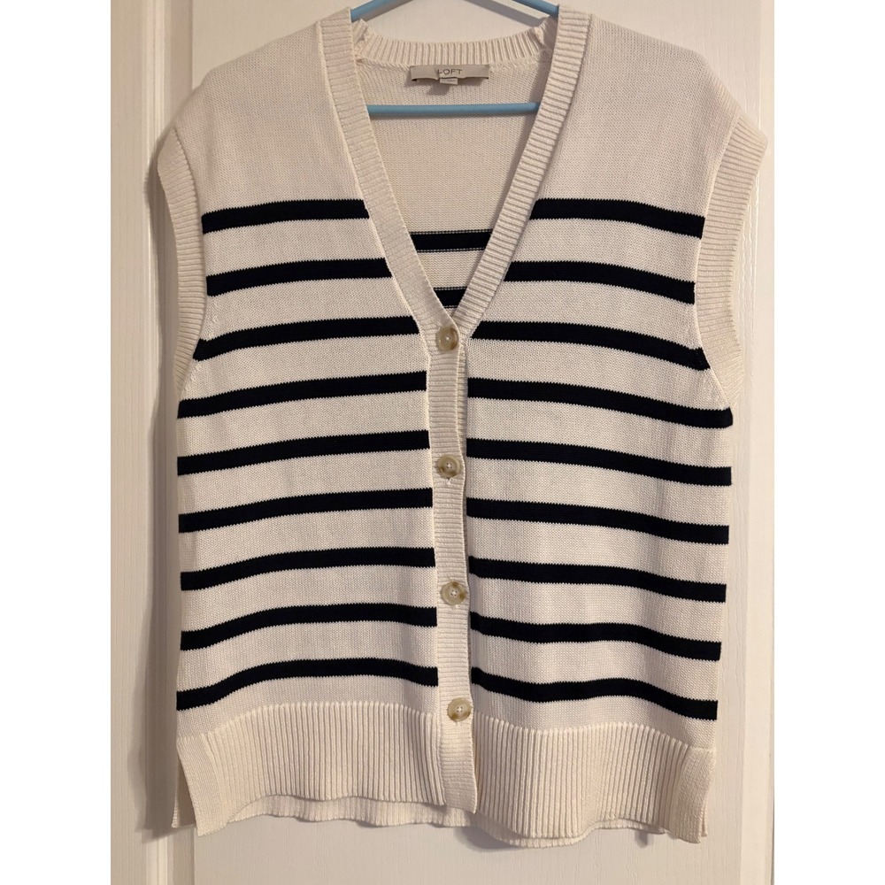 Loft Cardigan Vest Women Small White Navy Heavy Striped V-Neck Cotton Knit